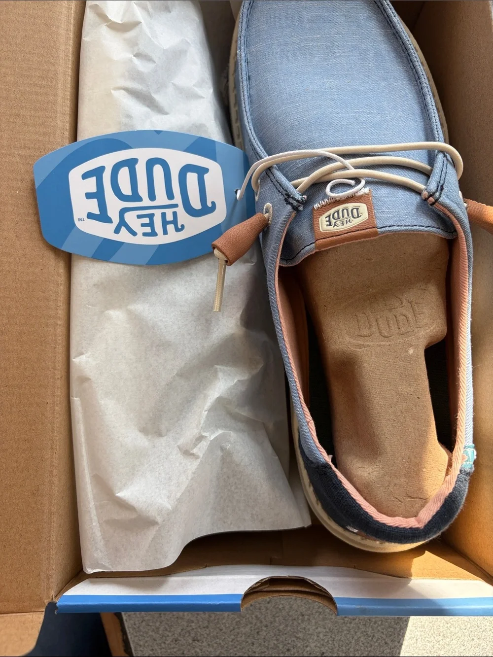 Hey Dude Wendy Chambray Boho Women's Light Blue Slip-On Loafers with Tan Accents
